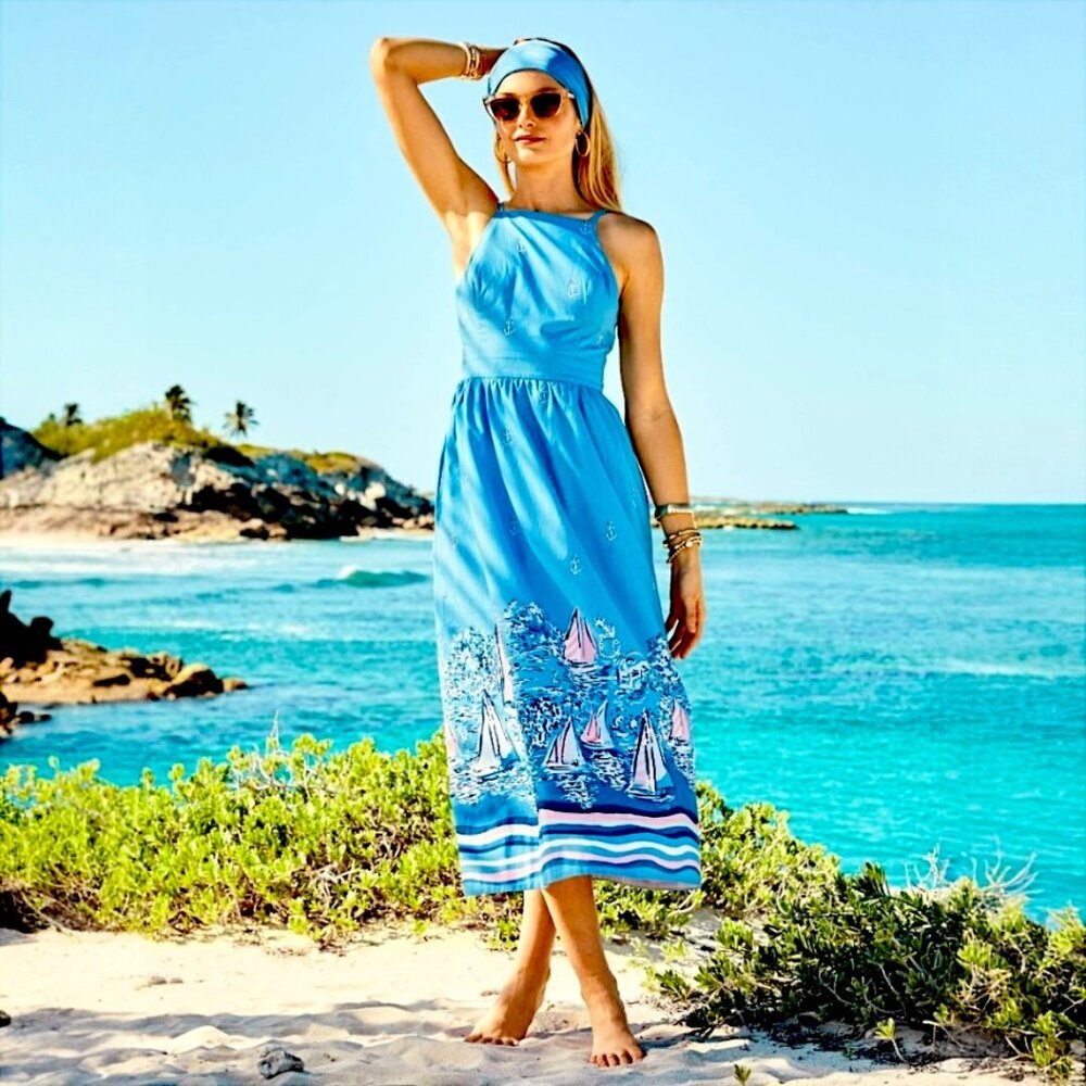 NWT Lilly Pulitzer Charlese Cotton Halter Midi Dress in Lunar Blue - Size 0